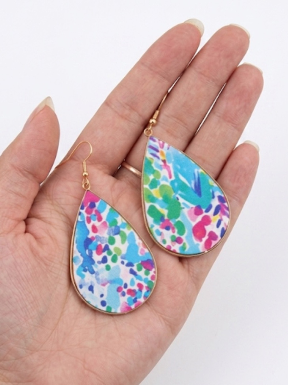 Multicolor Abstract Floral Teardrop Dangle Earrings Gold Tone